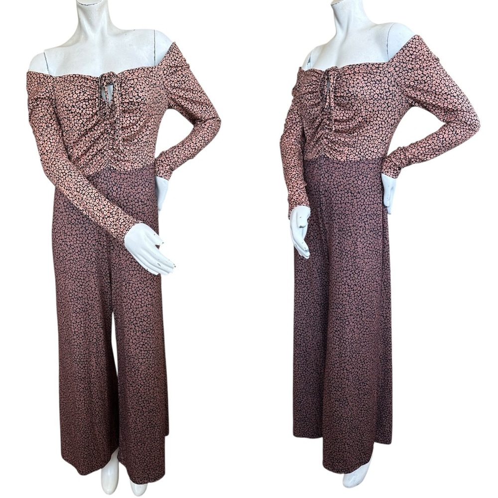 Anthropologie Hutch Copper Brown Floral Long Sleeve Wide Leg Jumpsuit Size Small